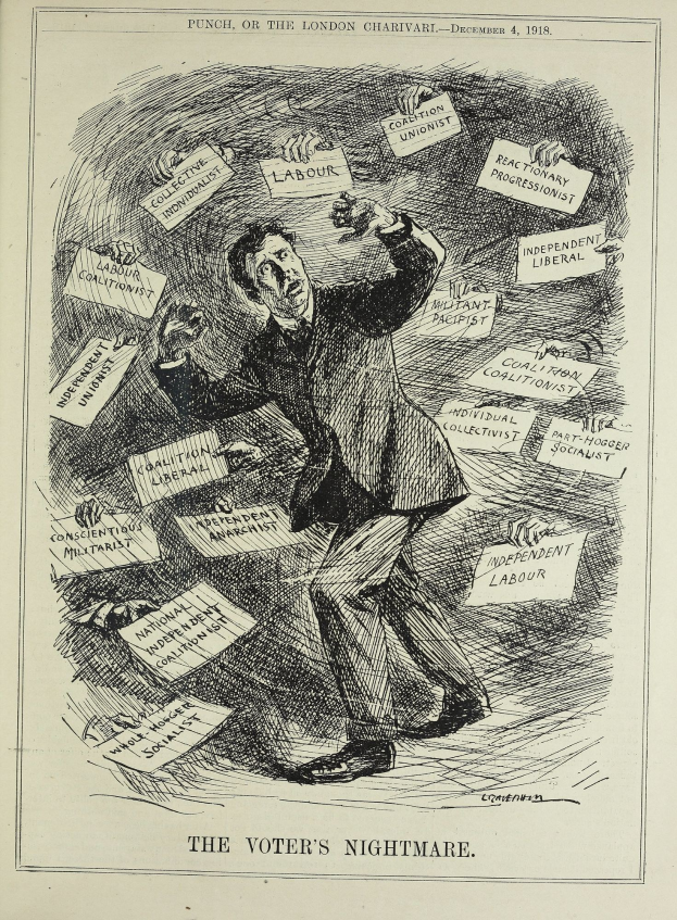 Ein Blatt Papier mit einer Zeichnung eines Mannes im Anzug und Krawatte, der ein Schild hält, auf dem steht: "Der Albtraum des Wählers" und einen entschlossenen Gesichtsausdruck hat.