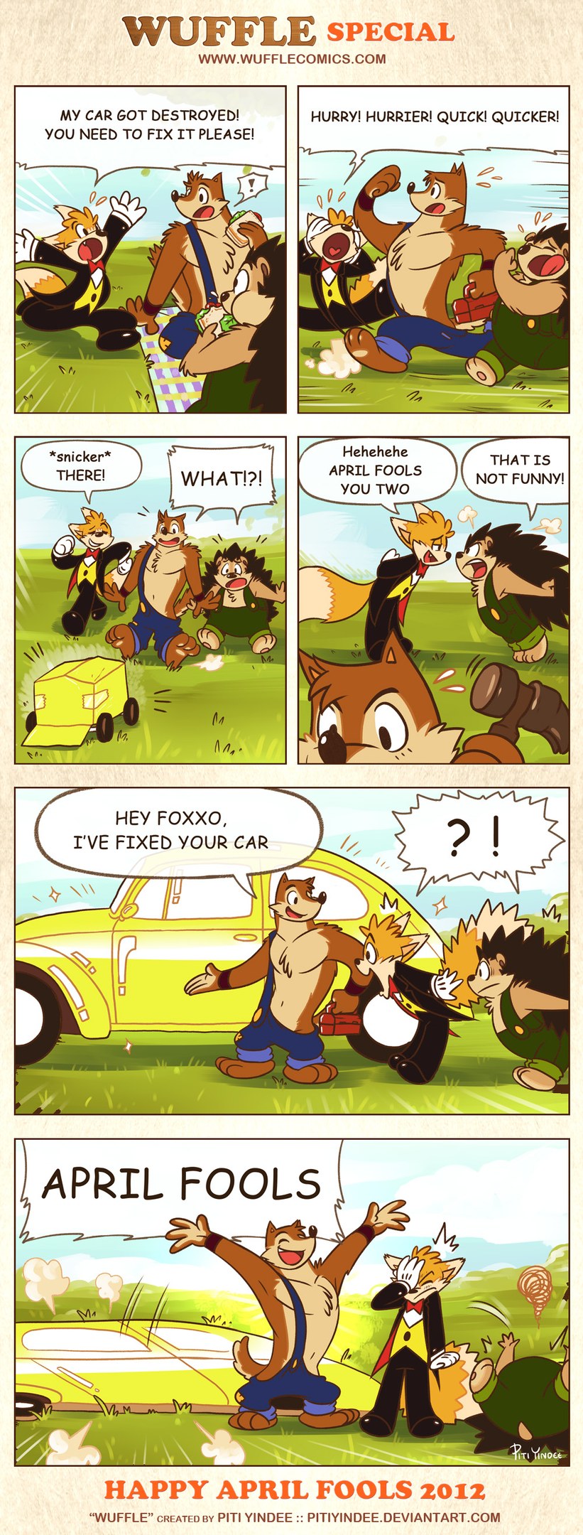 Comic-Streifen-Poster mit der Überschrift "Aprilscherz", das einen Cartoon-Mann und eine Frau in einem Gespräch zeigt, vor einem hellblauen Himmel mit weißen Wolken.