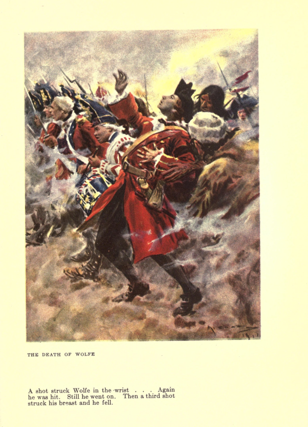 Plakat mit einer Gruppe verzweifelter Menschen und der Beschriftung 'Der Tod von Wolfe' unten.