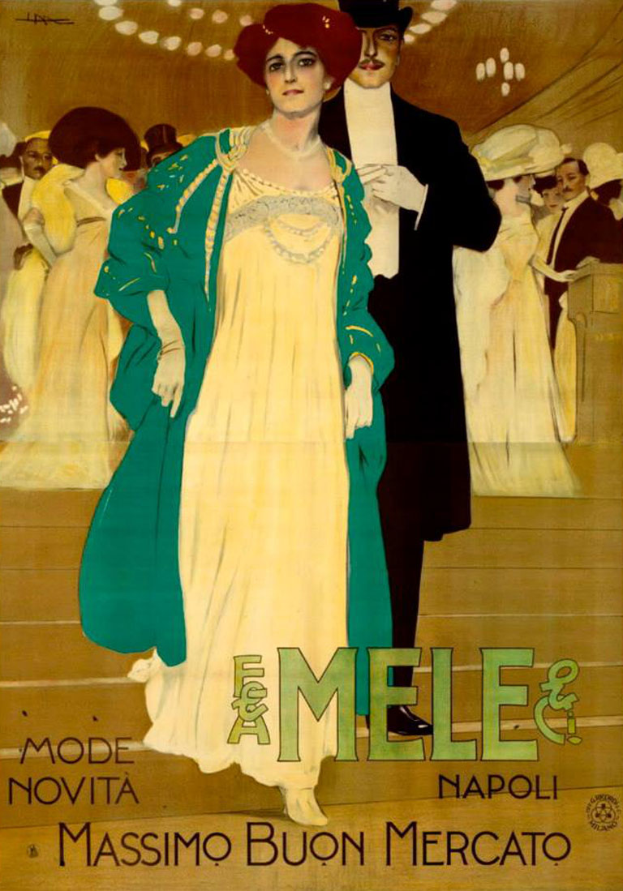 Ein Plakat, das eine Modenschau mit einer Frau in einem weißen Kleid und einem Mann in einem schwarzen Anzug ankündigt, mit Text, der das Ereignis beschreibt.